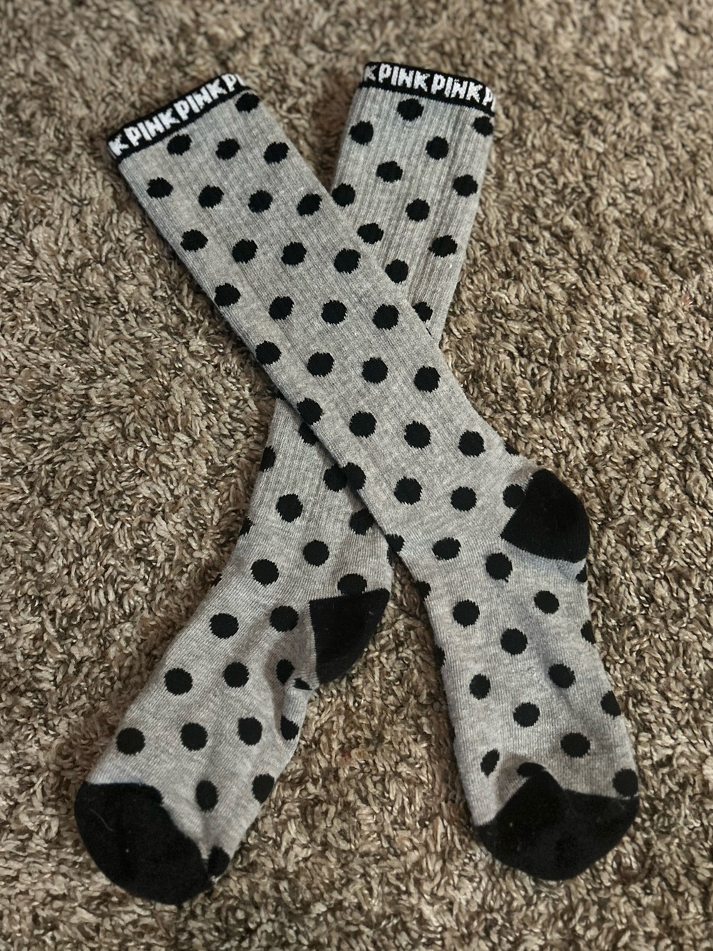PINK Victoria's Secret Gray Knee-High Socks with Black Polka Dots